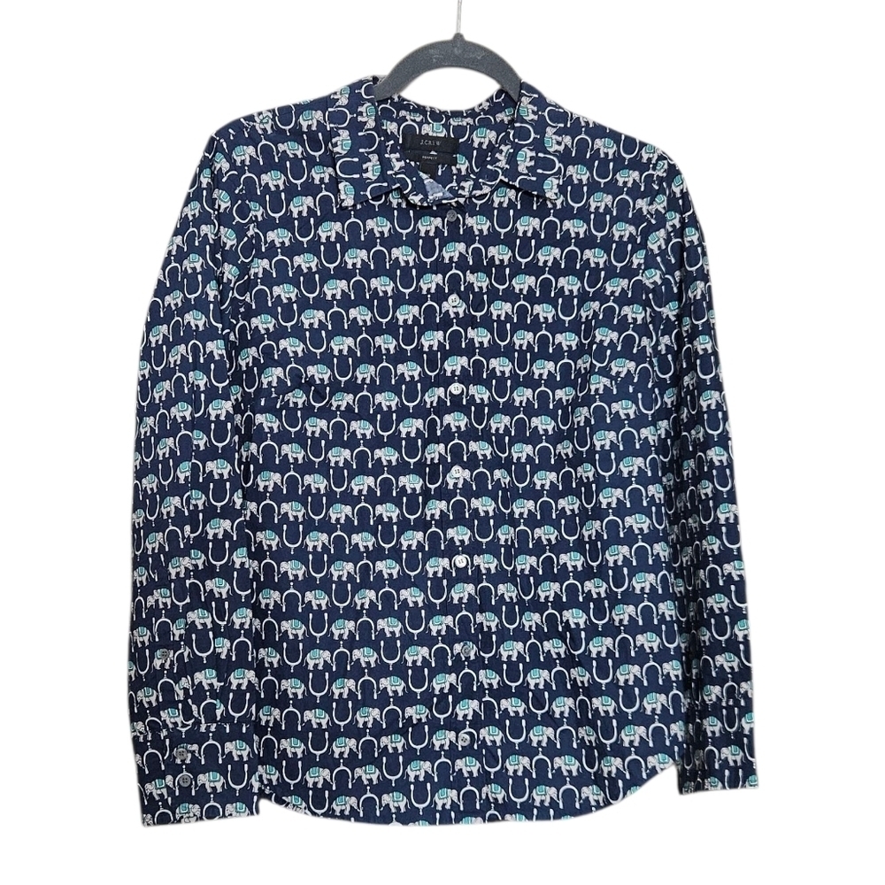 J Crew Slim Perfect Fit Navy Blue Whimsical Elephant Print Button-down Shirt 10P